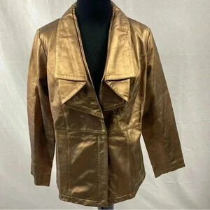 Jessica London Women's Size 12W Metallic Gold Genuine Leather Zip Jacket